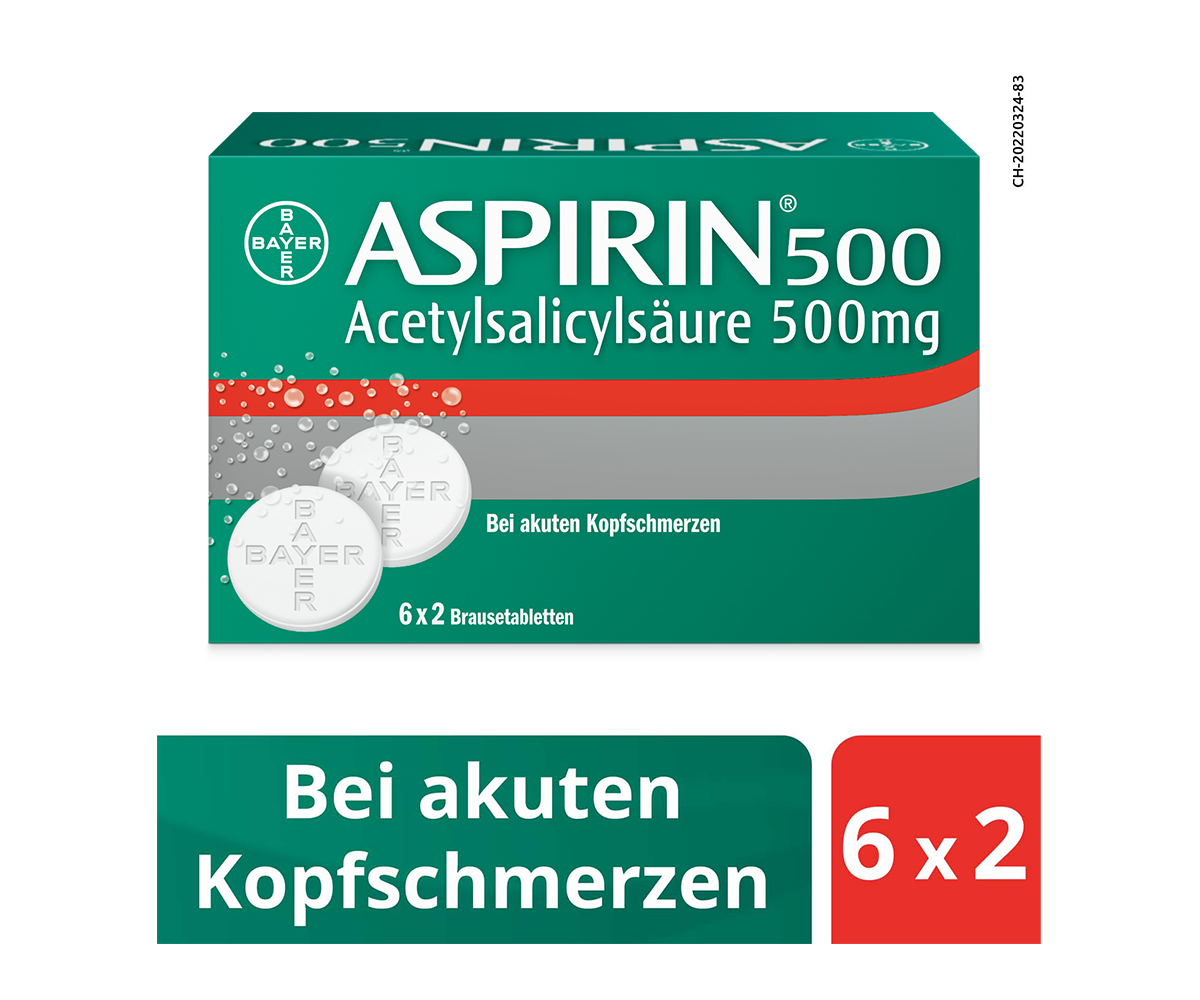 Packshot Aspirin 500 Brausetabletten: Titel: Bei akuten Kopfschmerzen 6 x 2