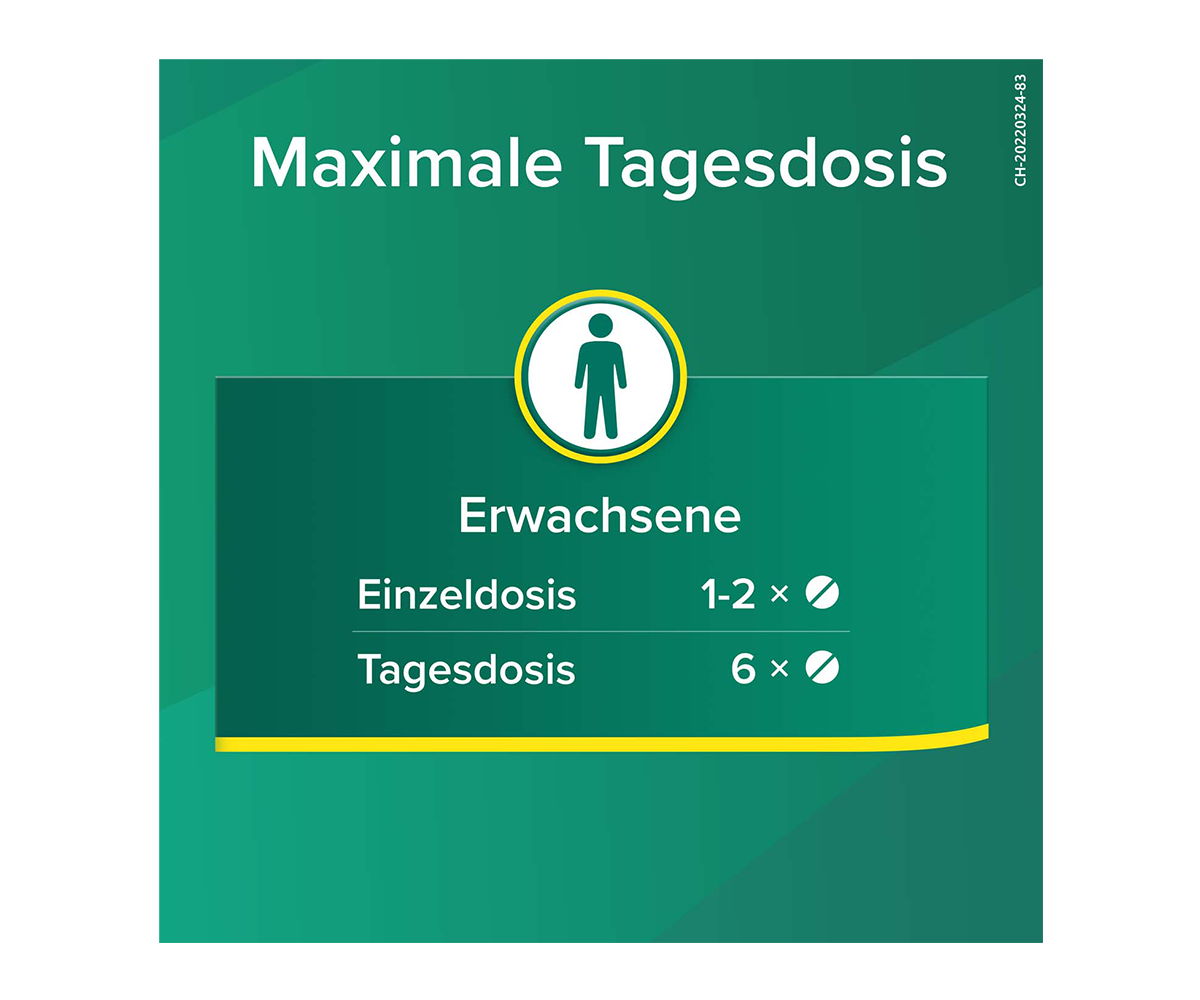 Maximale Tagesdosis: Einzeldosis 1-2 x 1 Tablette; Tagesdosis 6x 1 Tablette