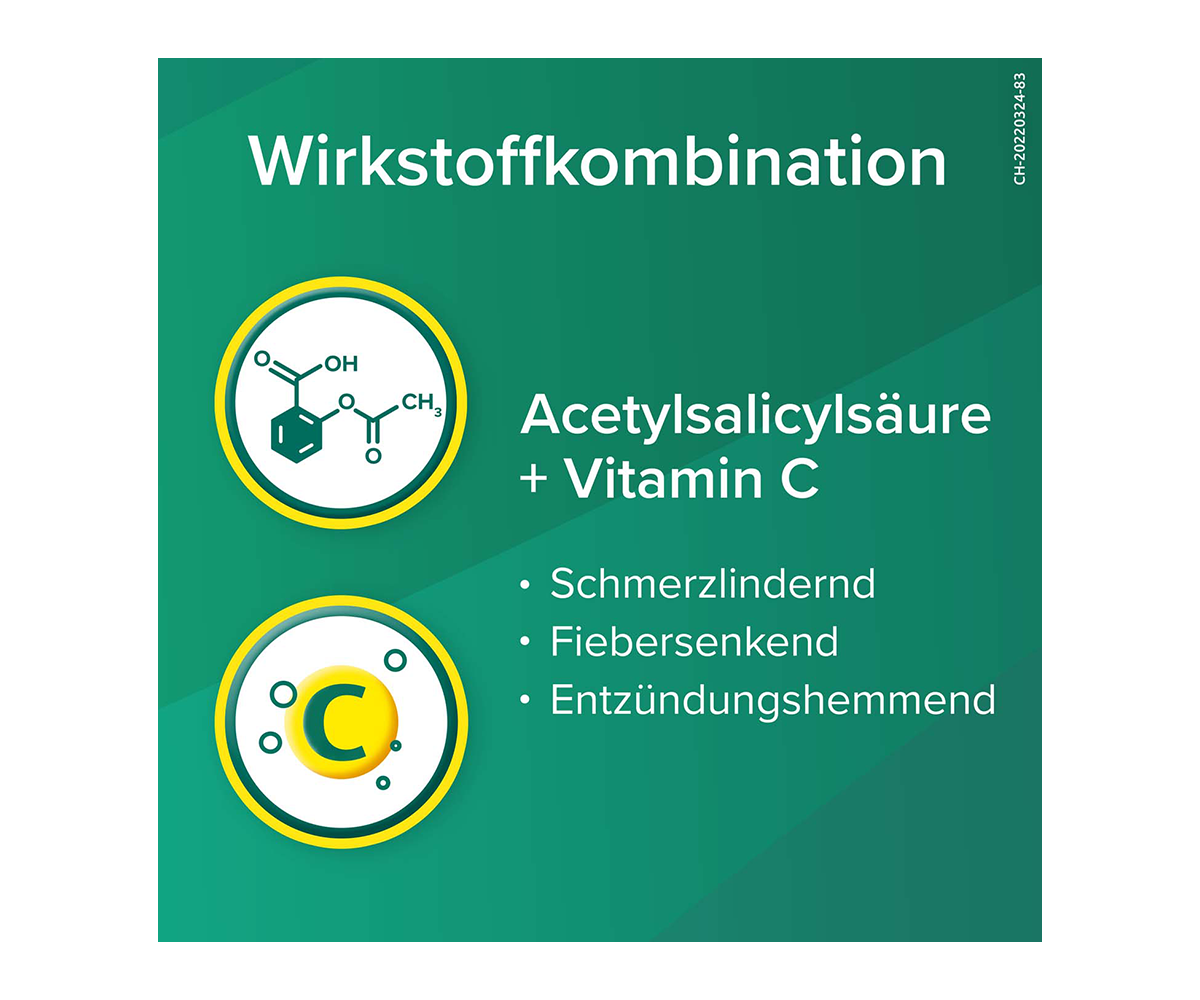 Wirkstoffkombination: Acetylsäure + Vitamin C. Schmerzlindernd, Fiebersenkend, Entzündungshemmend