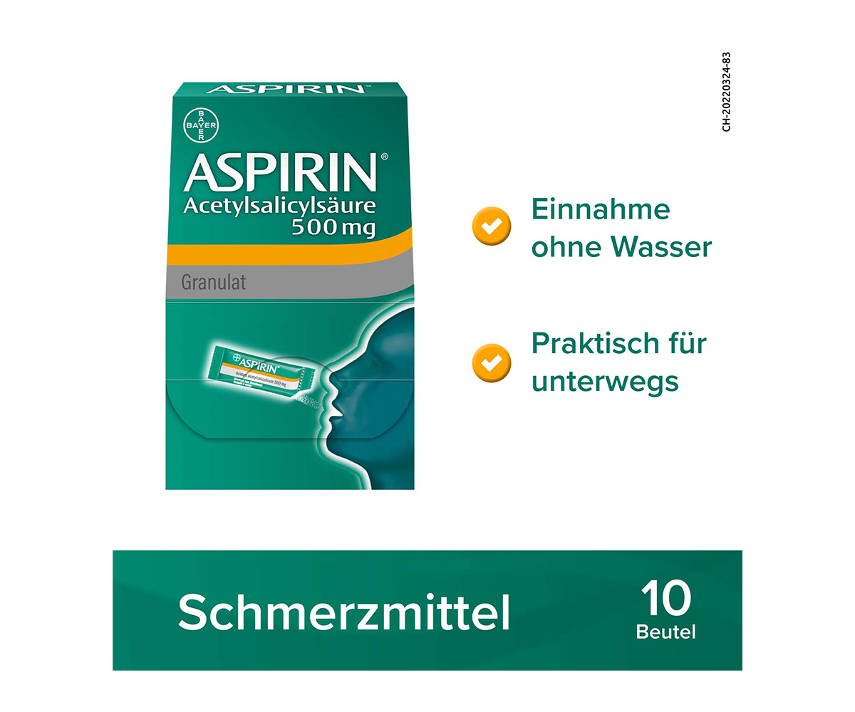 Packshot Aspirin. Einnahme ohne Wasser. Praktisch für unterwegs. Schmerzmittel; 10 Beutel