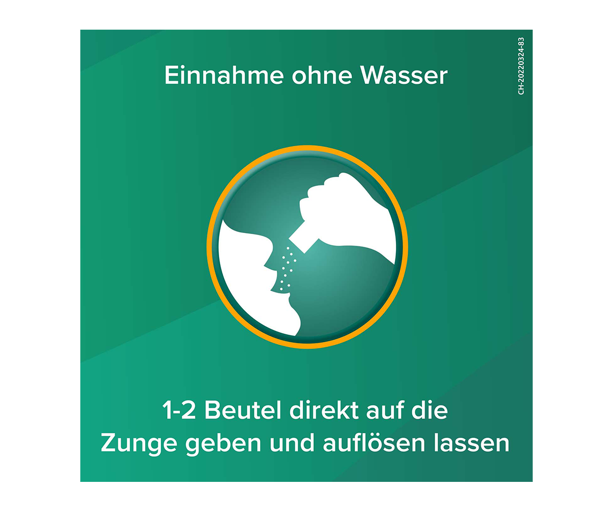 Einnahme ohne Wasser: 1-2 Beutel direkt auf die Zunge geben und auflösen lassen