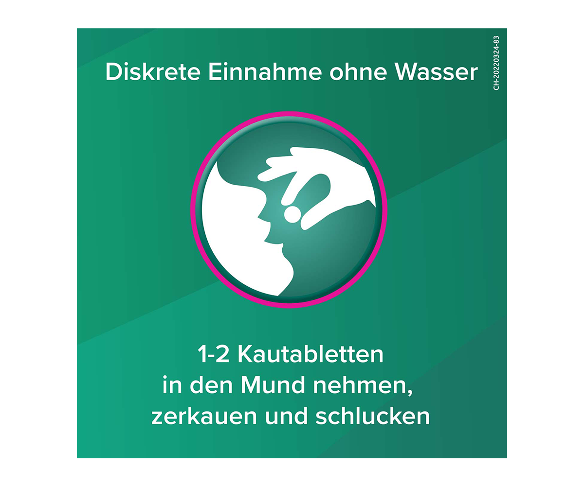 Diskrete Einnahme ohne Wasser. 1-2 Kautabletten in den Mund nehmen, zerkauen und schlucken