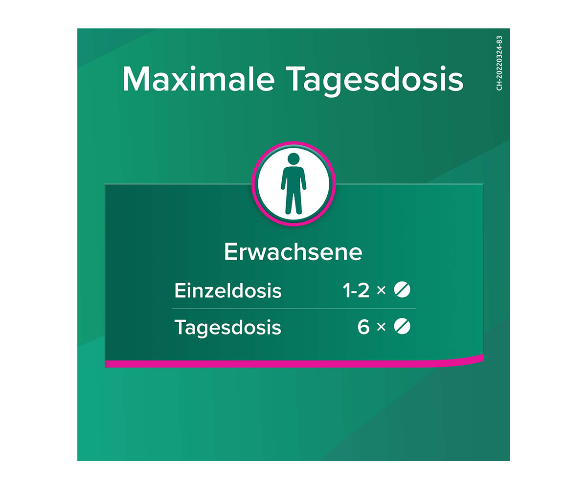 Maximale Tagesdosis: erwachsene: Einzeldosis: 1-2 x 1 Tablette, Tagesdosis: 6x 1 Tablette