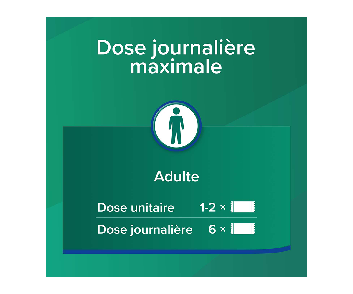 Dose journaliere maximale: Adulte: Dose unitaire 2 x 1; Dose journaliere 6 x 1