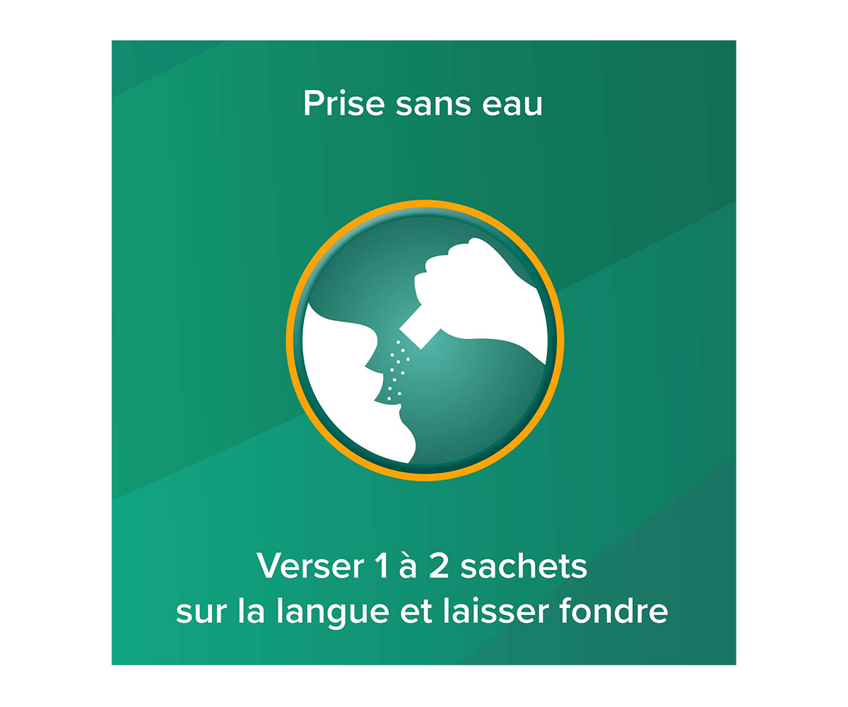 Prise sans eau - Verser 1 a 2 sachets sur la langue et laisser fondre