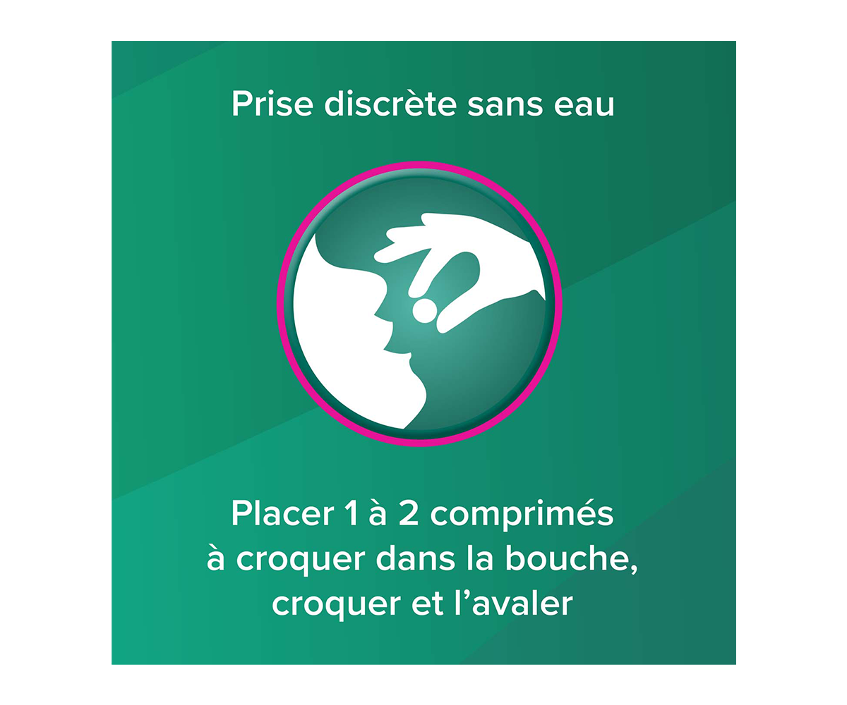 Prise discrete sans eau. Placer 1 a 2 comprimes a croquer dans la bouche. croquer er l`avaler