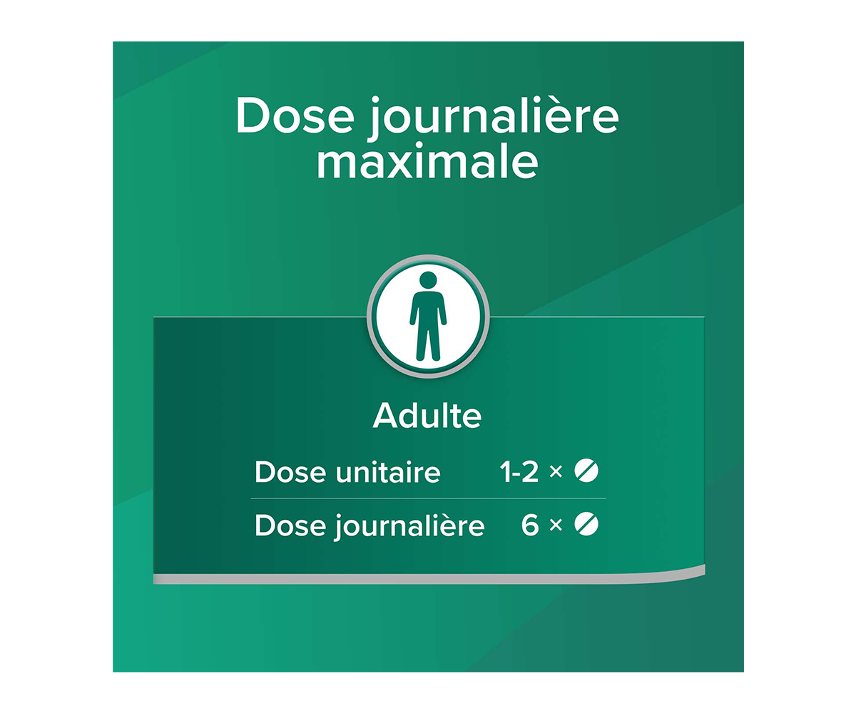 Dose journaliere maximale: Adulte: Dose unitaire 2 x 1; Dose journaliere 6 x 1